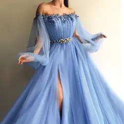 Vestido de festa Мода Арабский Дизайн с длинным рукавом вечернее платье с бусинами открытыми плечами Выпускные платья разрез сбоку Robe De Soiree