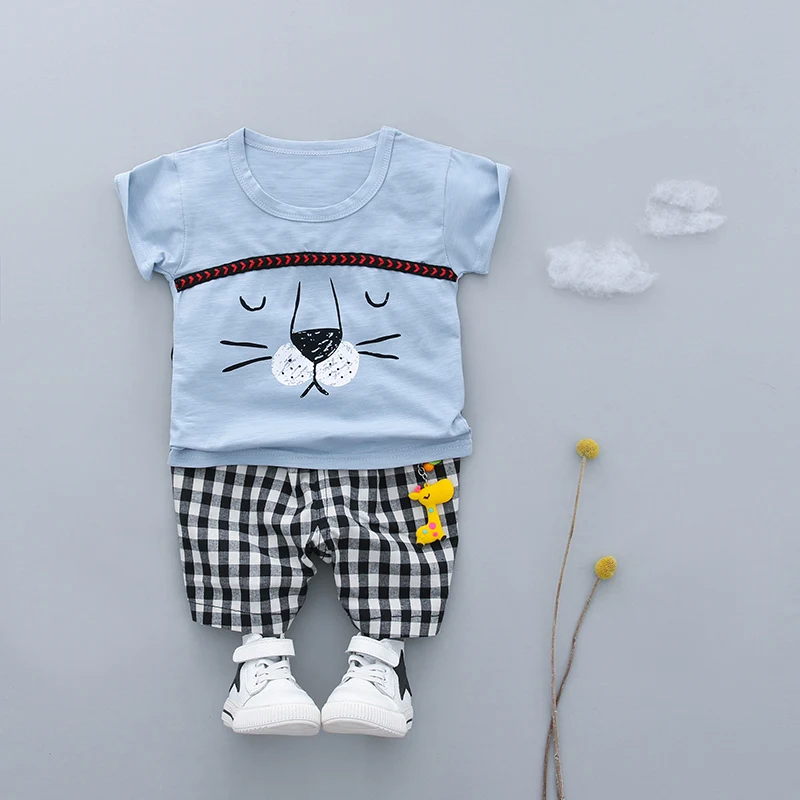 

HYLKIDHUOSE Baby Boys Summer Clothing Sets Cotton Infant Clothes Children Cartoon T Shirt Plaid Shorts 2 Piece Kids Clothes Sets