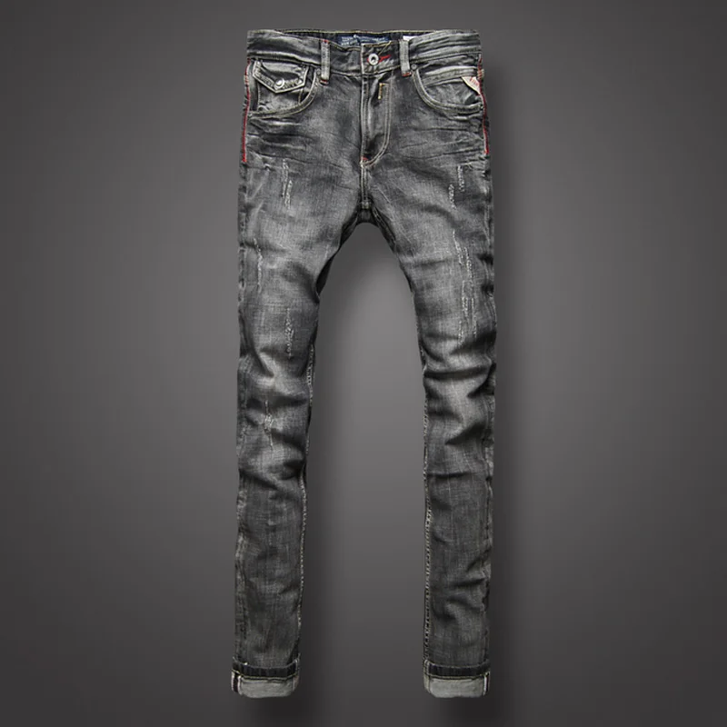 Classic Black Gray Denim Men Jeans Retro Designer Slim Fit Jeans Men Fashion Street Ripped Jeans High Quality Biker Jeans Homme