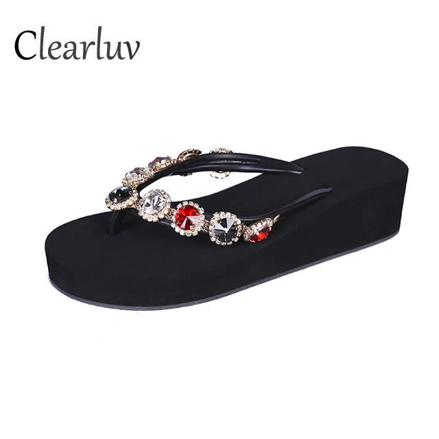 

Women's wedges comfortable non-slip beach slippers soft bottom casual flip-flops rhinestones decorative summer sandals C1023