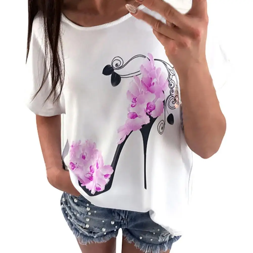 

Yfashion High-heeled Shoes Print T-shirt Women Applique Loose-fitting Floral Heels Short Sleeve T Shirts Tee Women Female