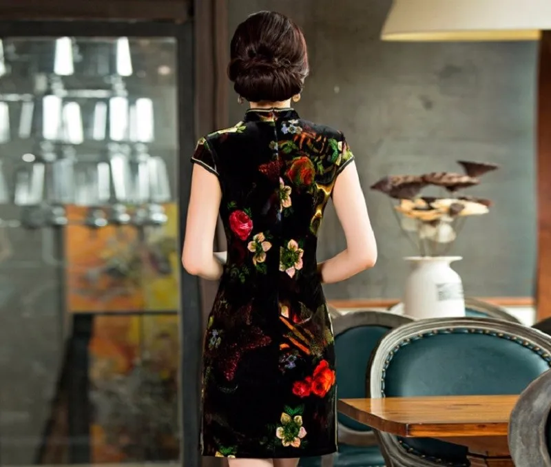 Шанхай история платье Ципао элегантное бархатное платье с коротким рукавом тонкое традиционное китайское платье ретро Чонсам черное