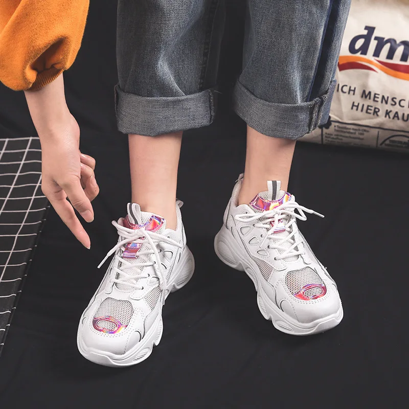 Women's Shoes Woman Tide Shoe Net Noodles Ventilation Casual Shoes Motion Run Shoe Increase Student Sneakers Zapatos De Mujer