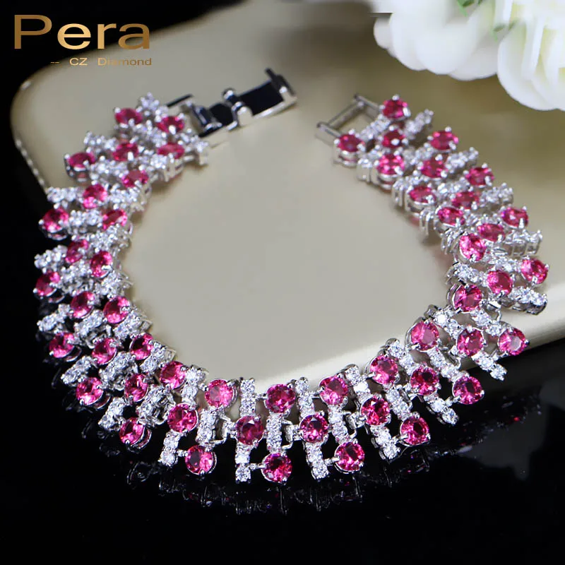 

Pera Trendy 3 Row Red Jewelry Cubic Zirconia Stone 925 Sterling Silver Overlay Link Chain Large Bracelets For Women B035