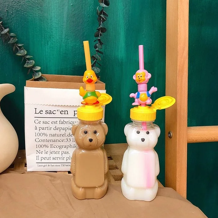 

Lovely Portable Bear Bottle Beverage Bottle Straw Plastic Transparent Cup Children Bear Bottle Bear Festival Aquarius