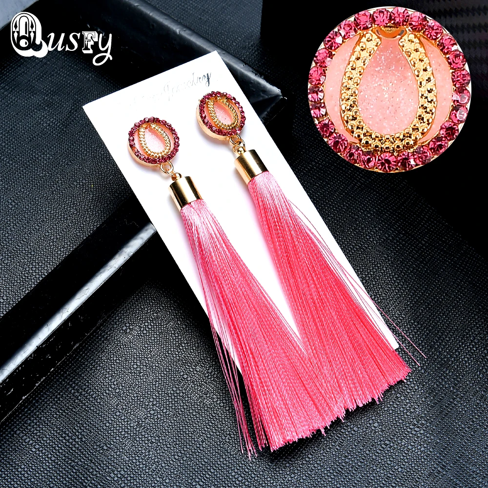 Qusfy Long Tassel Earrings Rhinestone Drop Statement Pink Rhinestone