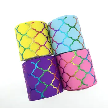 

3" 75mm BOCA rainbow quatrefoil hologram foil printed grosgrain ribbon,many colors for choose