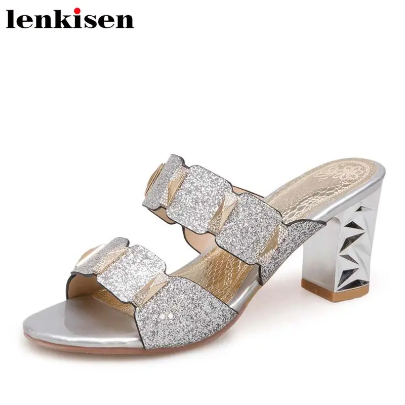 

Lenkisen bling office lady plus size pu microfiber solid mules slip on high heel meeting runway mature women concise sandals L08