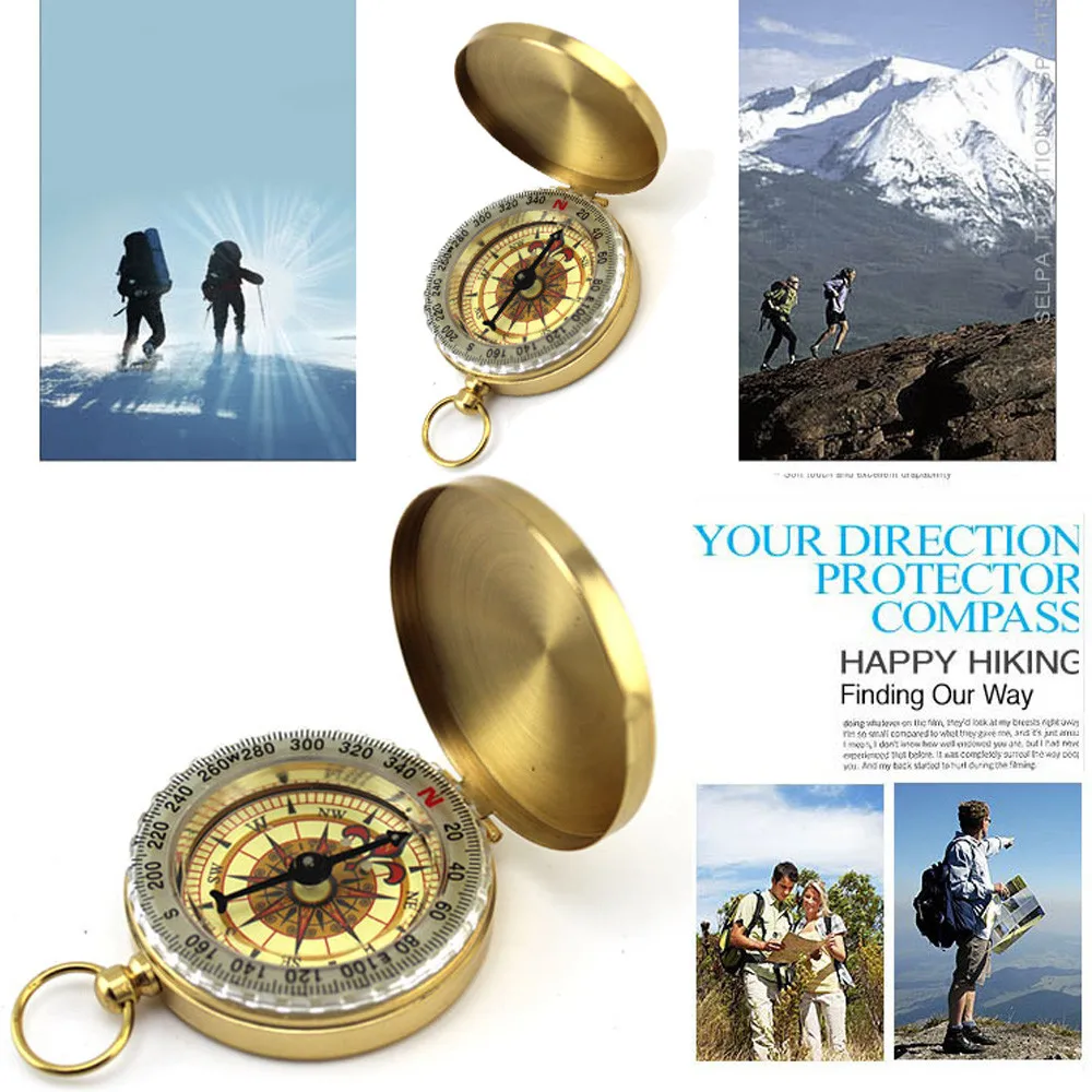 

Pocket Brass Watch Style Outdoor Camping Hiking Navigation Compass Ring Keychain Luminous Waterproof Lighting Tool #5S10