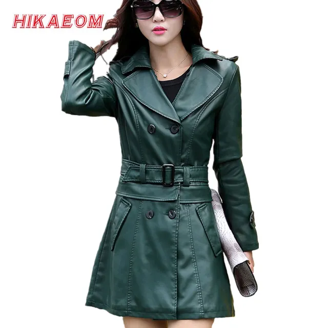 2 Uses For Short And Long Green Leather Coats Women Faux Leather Jacket Turn-Down Collar Jaqueta Couro Jaqueta De Couro Feminina