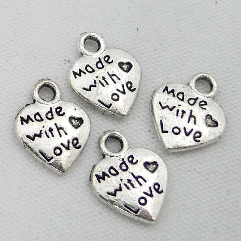 

RONGQING 100 Pcs/lot Antique Silver Made With Love Charms Tiny Heart Charms DIY Accessory 12x10mm