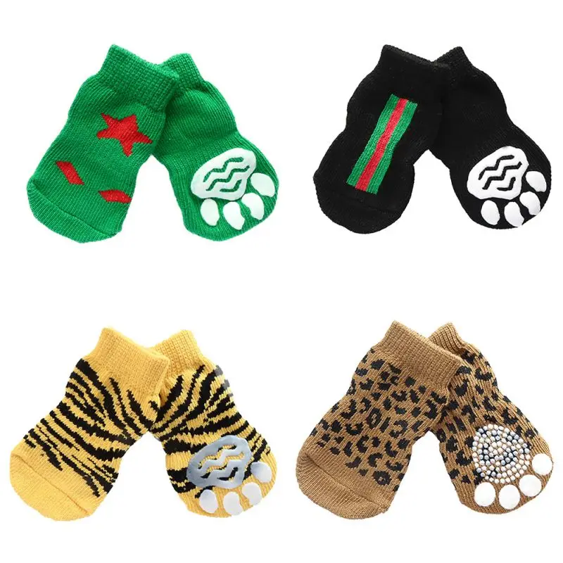 4 Pcs Cute Puppy Dogs Unisex Pet Knits Socks Anti Slip Skid Bottom
