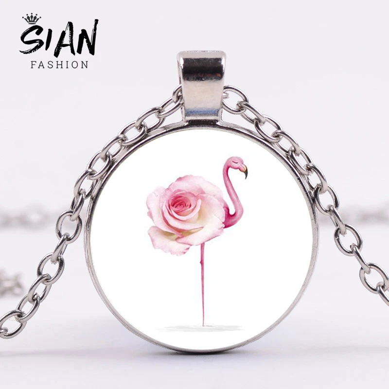 

SIAN Romantic Pink Flamingo Necklace Cute Cartoon Art Photo Glass Cabochon Pendant Necklace for Women Party Clothing Accesories