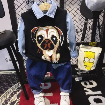 

2018 Hot Sale Autumn winter Children's Cartoon knit vest + cowboy shirt + jeans 3pcs set Cotton Suit Boys Clothing Sets 2-6year