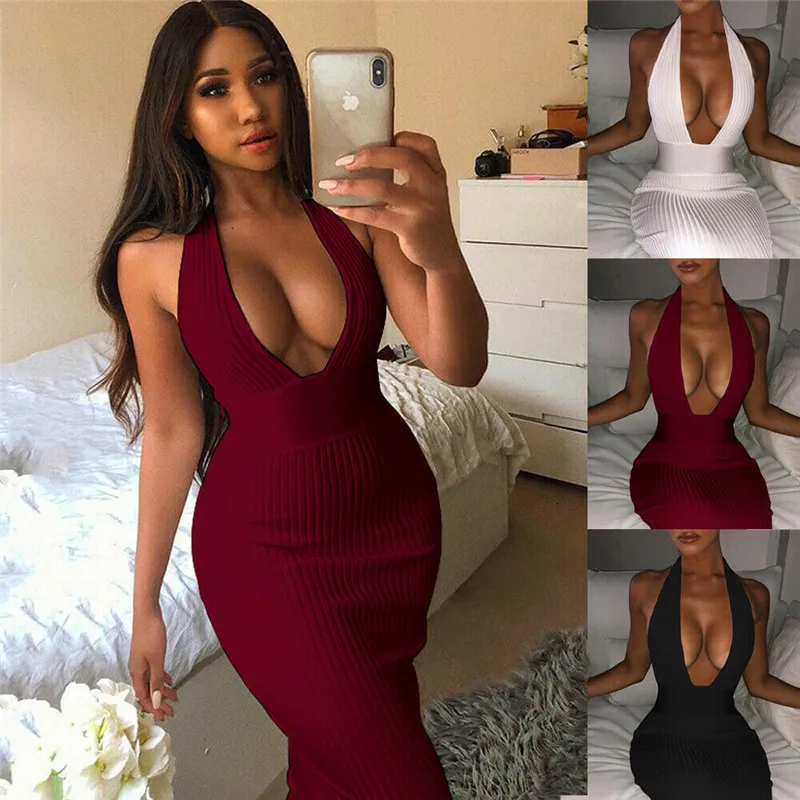 

Sexy Women Ladies Deep V Halter Bandage Bodycon Dress Off Shoulder Backless Sleeveless Evening Party Club Long Maxi Women Dress