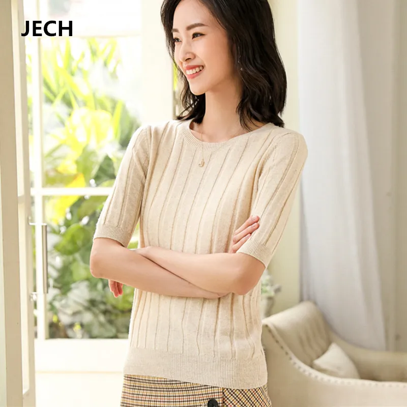 

JECH Spring O Neck Short Sleeve Sweaters Women Wool Warm Short Pullovers Summer Casual Solid Slim Sweaters Knitted Jumpers Femme