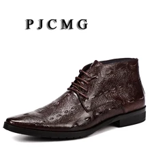 PJCMG/Роскошные повседневные мужские ботильоны из натуральной кожи с острым носком, на шнуровке, черного/красного цвета, с узором «крокодиловая кожа»