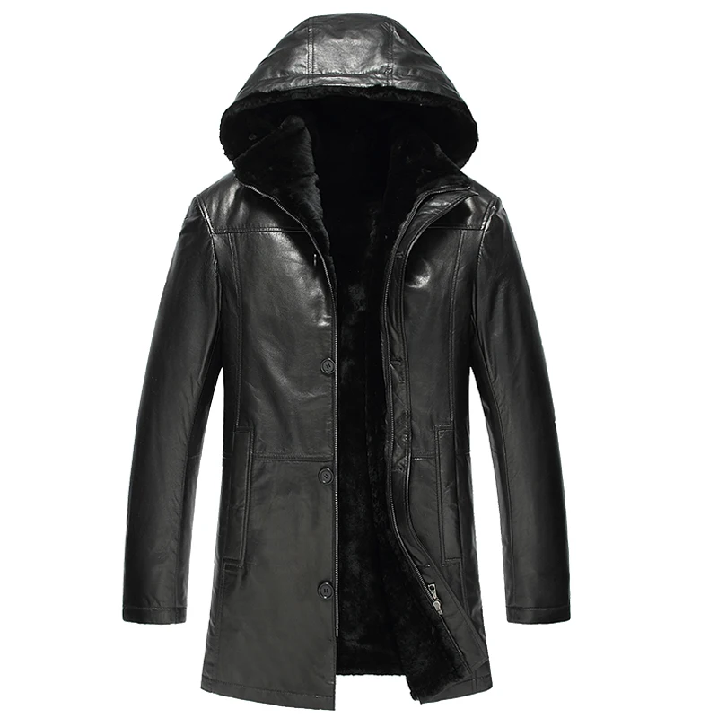 Men's Shearling Jacket Black X Long Coat Genuine Hooded