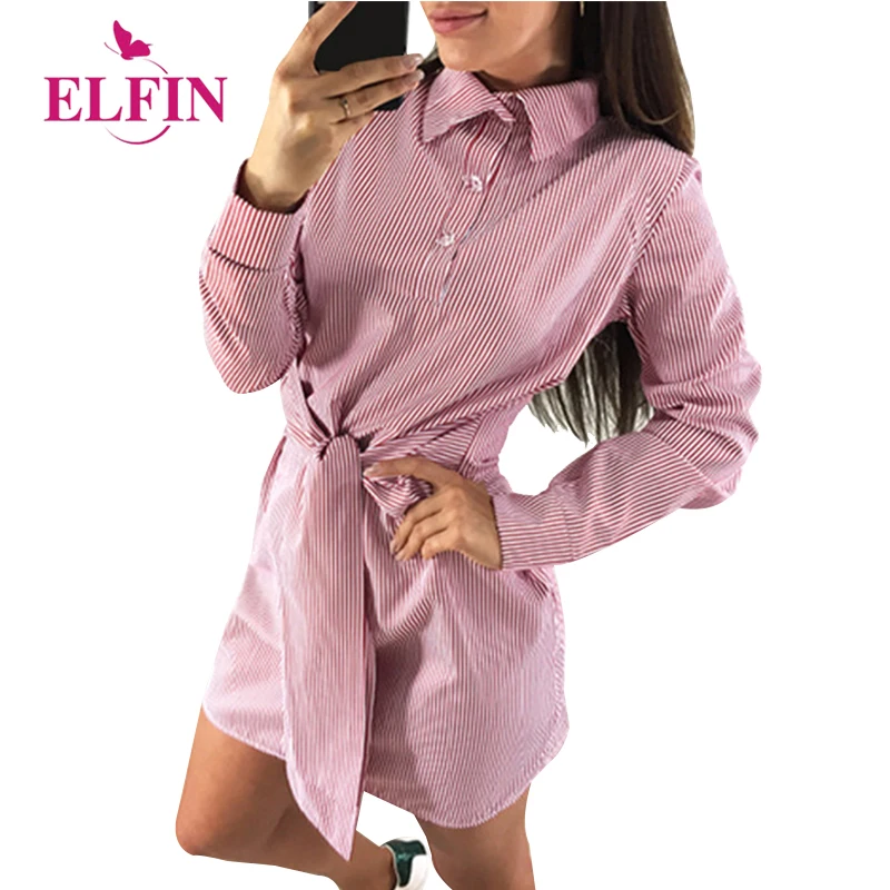 

T-Shirts dresses Striped turn down bow ties bandages full sleeves 2018 Autumn Vintage mini Dress party OL Vestidos WS9465R
