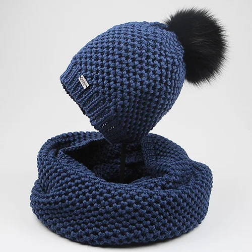 FURTALK Набор шапок и шапок из шарфа для женщин из натуральной лисы Меховые помпоны Шапки Шерстяная вязаная шапка Зимняя шапочка - Цвет: Dark Blue