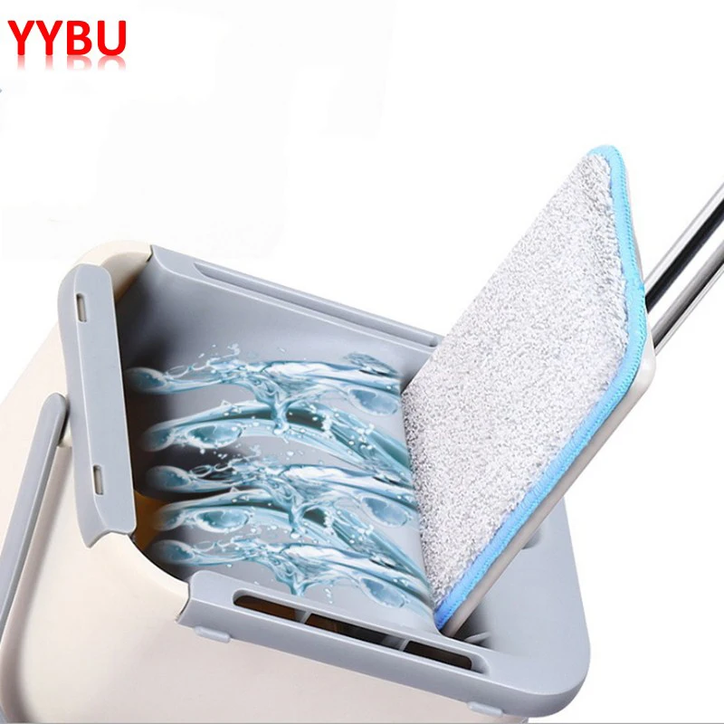 

YYBU Free Hand Mop with Bucket Automatic Magic Floor Cleaning Mops 4PCS Microfibre Wipes Squeeze Flat Mop Kitchen Floor Cleaner