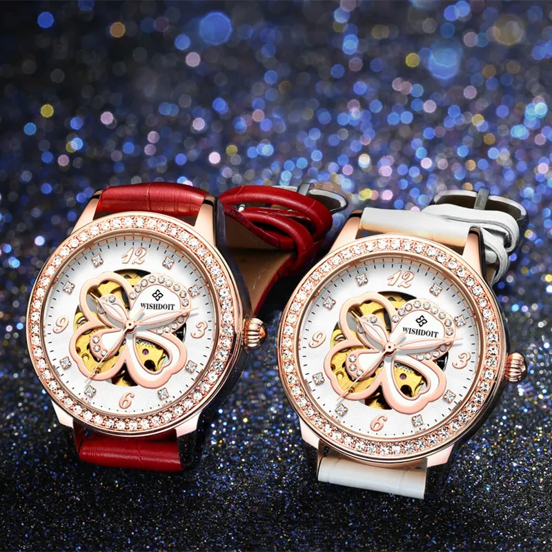 

NEW Fashion Elegant Women Watch Automatic Mechanical Wristwatch Leather Female Clock Crystal Decoration Skeleton Dial Watches