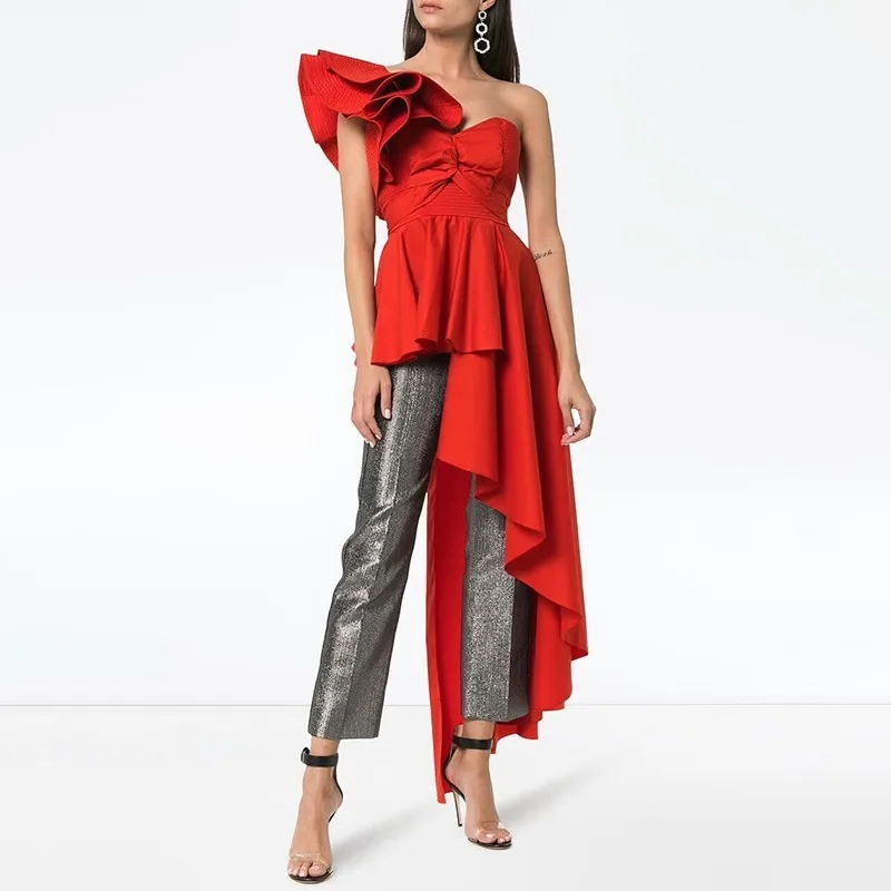 

elegant Asymmetrical Strapless Lace Up Ruffle T-shirt Women Sexy Fashion 2019 Autumn Off Shoulder Women T-shirts Tops Female