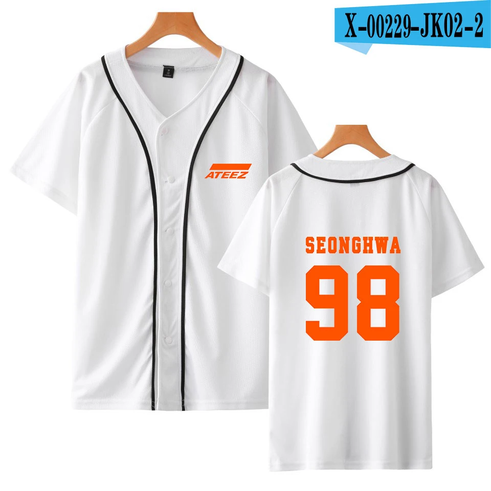 White 98 SEONGHWA VAGROVSY ATEEZ короткий рукав с v-образным вырезом Футболка для бейсбола Harajuku альбом Kpop ATEEZ Мода Подросток Z вентиляторы ATINY летняя футболка - Цвет: White 98 SEONGHWA