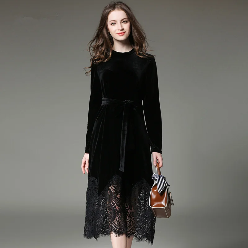 Женское платье с длинным рукавом, черное осенне-зимнее платье, Vetement Femme, vestidos mujer, вельветовое длинное платье, кружевное платье - Цвет: Черный