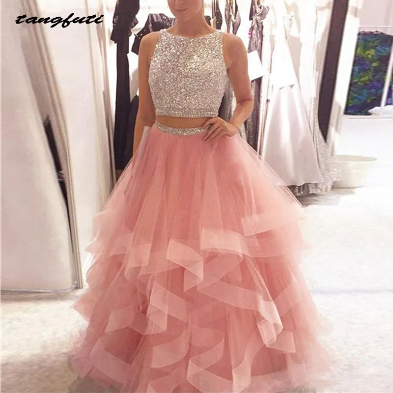 

Ruffles Evening Dresses Long for Graduation Sequin Two 2 Piece Prom Dress Gowns vestido de formatura A Line Prom Party Gowns