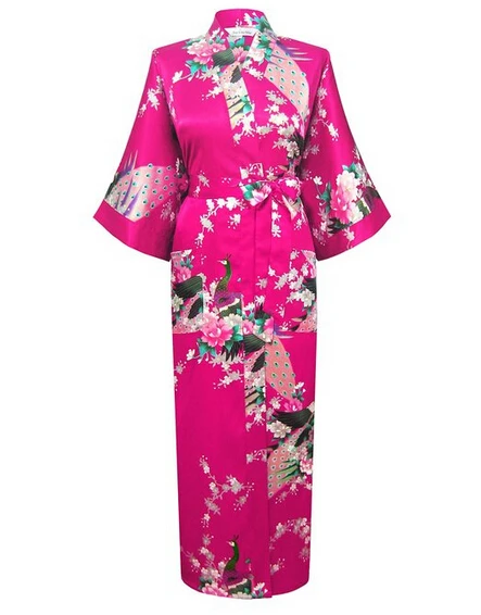 Ярко-розовые Модные женские длинные кимоно с павлином банный халат ночная сорочка халат юката пижамы с поясом S M L XL XXL XXXL - Цвет: hot pink