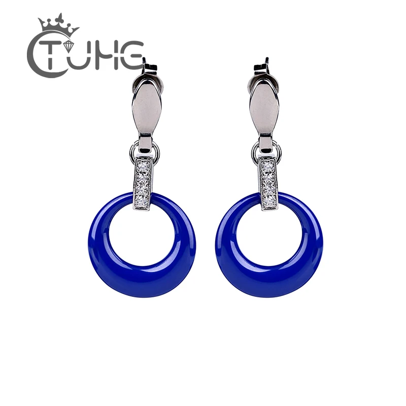 

New Fashion Blue Pink Stud Earrings Ceramic Silver Color Ceramic Women Earrings Personality Edition Geometric Round Jewelry