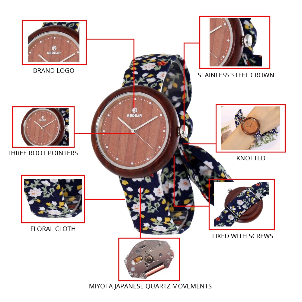 REDEAR оливковое дерево часы Для женщин с цветком ткань ремень японский кварцевый механизм спортивные часы как девочка дочь мама подарки