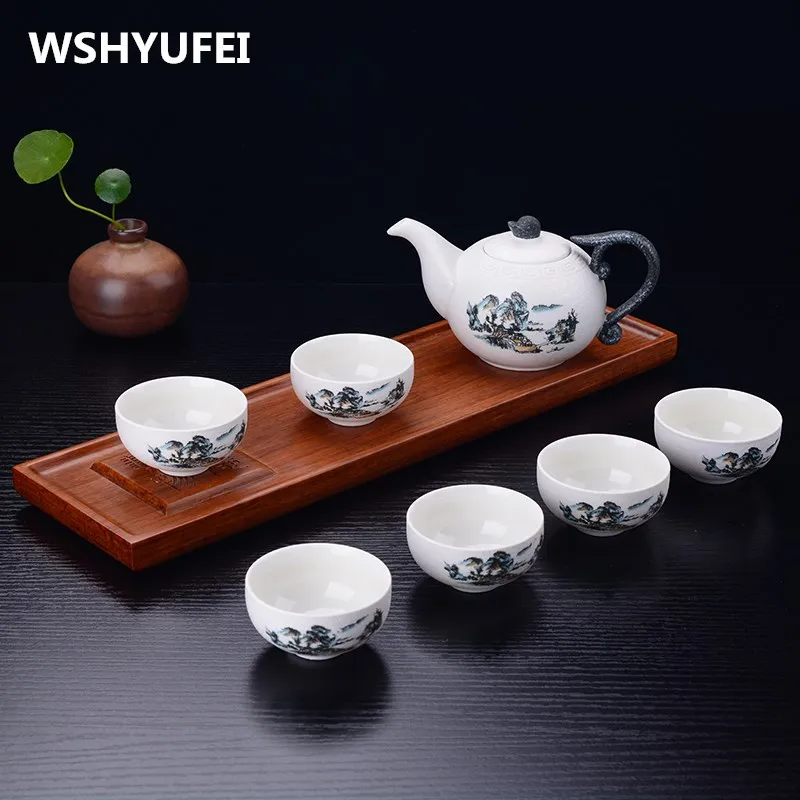 

7PCS snowflake glaze tea set package Kung Fu Jingdezhen ceramic teapot white porcelain Tea Pot Porcelain Cup High Quality