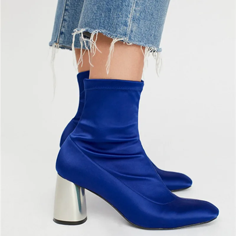 

Autumn High Quality Warm Sequined Cloth Ankle Boots Silk Sewing Equestrian Zip Med Sruare Heel Colorful Top Level Women Shoes