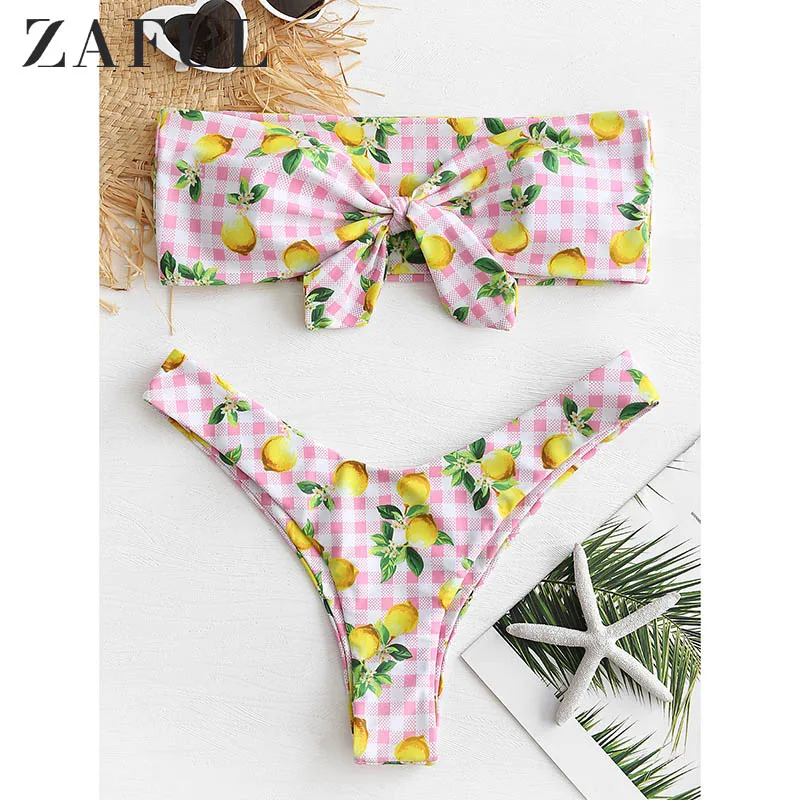  ZAFUL Lemon Knotted Strapless Bikini Set Swimwear Women Sexy Halter Strapless Lemon Striped Padded 