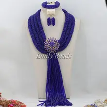 Сказочные качество Royal Blue Нигерии Свадебные африканские Бусины комплект ювелирных изделий Кристалл Цепочки и ожерелья Браслет Серьги Наборы для ухода за кожей ручной работы amj837