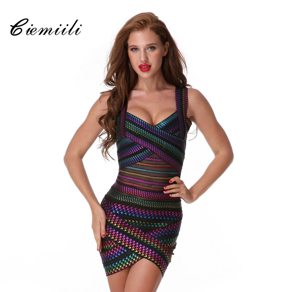 Kopen CIEMIILI 2018 Vrouwen Cocktail Zomer Dress Party Club Wear Mouwloze V hals Celebrity Prom Bodycon Bandage Jurken Gratis Verzending