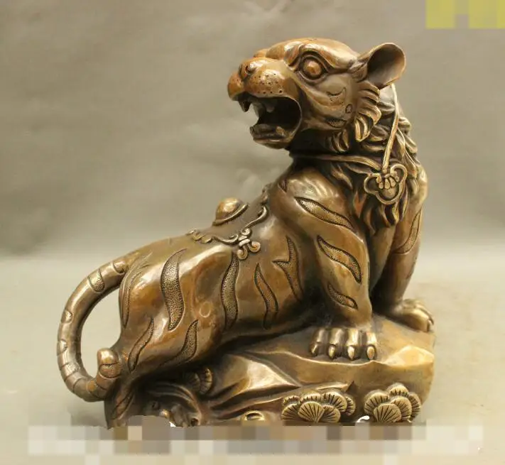 

S7327 10" Marked Chinese FengShui Bronze Copper Wild Roars Up Tiger Statue Sculpture D0318
