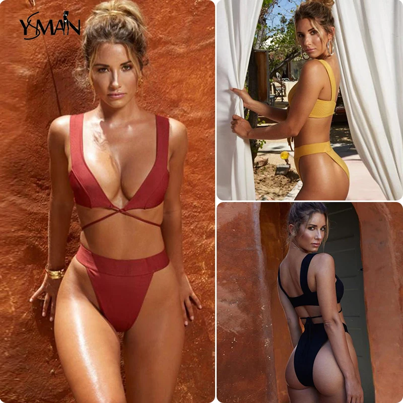 

String thong female swimsuit separate High waist bikini Solid sexy swimwear women two piece swimsuit tankini swimsuits women-XL