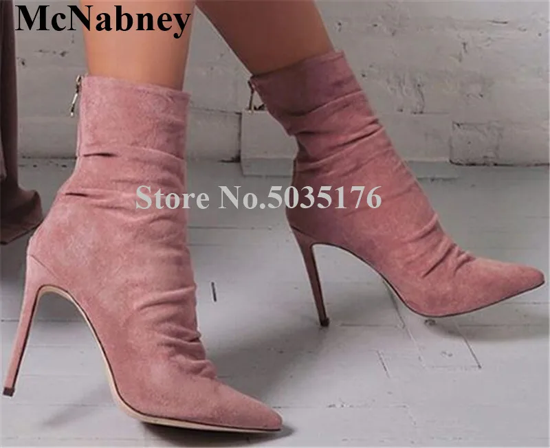 

European Fashion Solid Flock Pointed Toe Stiletto Heels Pleated Mid-Calf Boots Zip Slim Short Boots Spring/Autumn Women Shoes