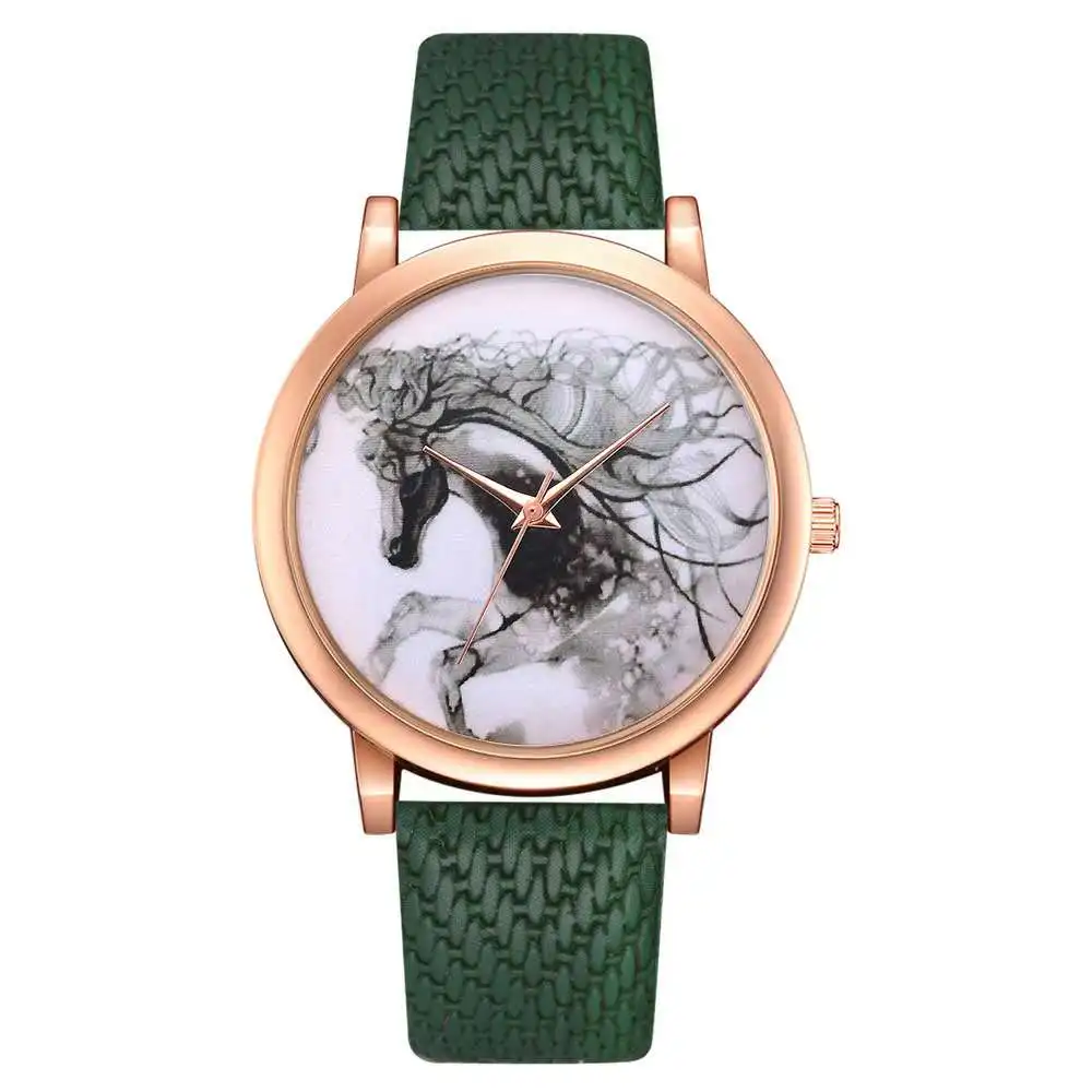 Ротанга зерна кожаный ремешок для часов phantom Белая лошадь узор Смотреть Тенденция Простой моды досуг спорт для женщин часы - Цвет: green