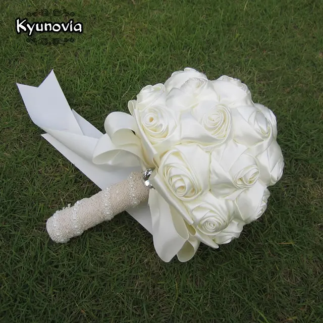 Kyunovia Succinct Satin Rose Bouquet Handmade Ribbon Wedding Kyunovia Succinct Satin Rose Bouquet Handmade Ribbon Wedding Flowers Lace Handle Ivory Bridesmaid Bridal Bouquets