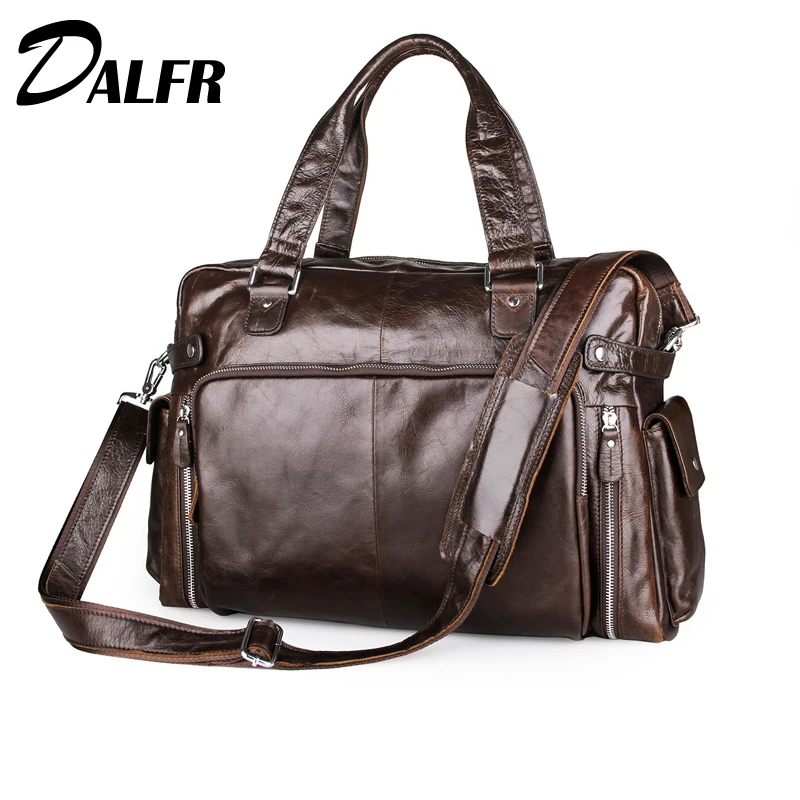 

DALFR Genuine Leather Shoulder Bag Men 22 Inch Handbags Cowhide Crossbody Bags for Men Big Casual Messenger Bags