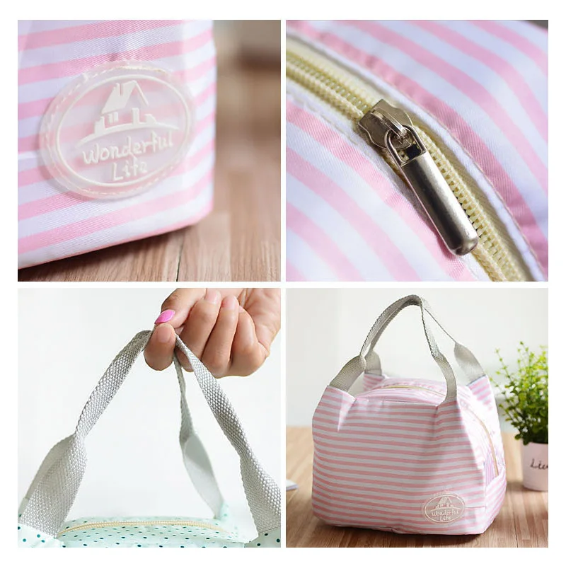 Простая модная переносная сумка-Ланч-бокс синего и розового цвета, термоизолированная сумка для хранения еды в холодную погоду, полосатые Теплые сумки для ланча для девочек и женщин