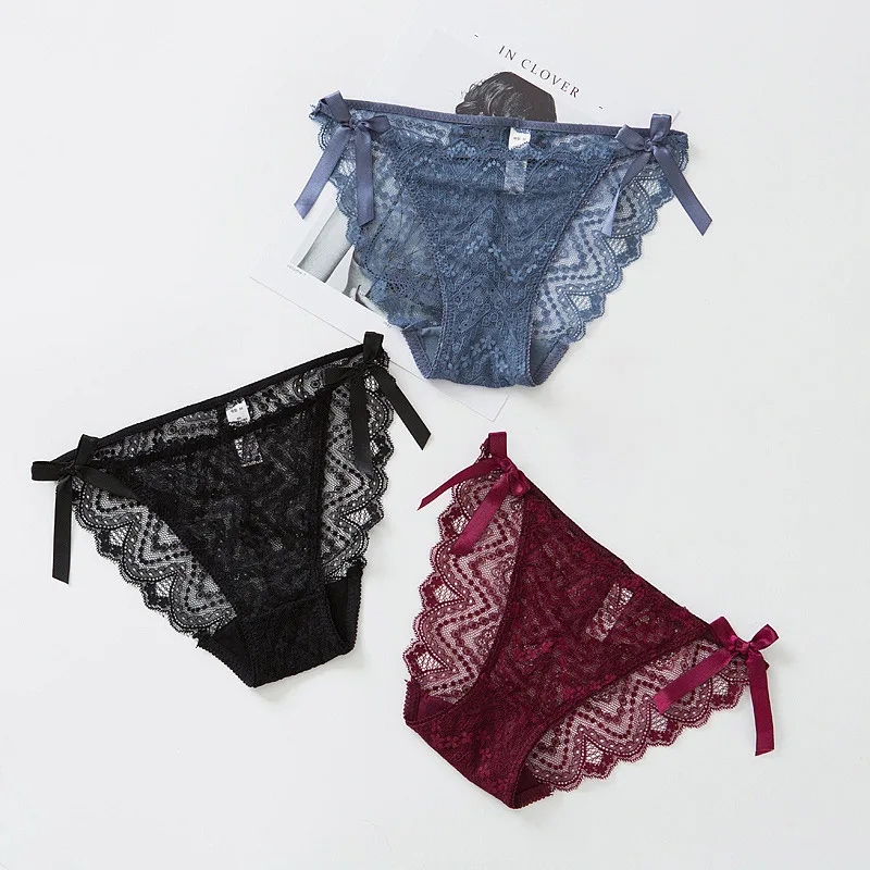 

New European Sexy Lace Women's Briefs Girls Bow Panties Transparent Low Waist Cotton Plus Size Female High Quality Underwear
