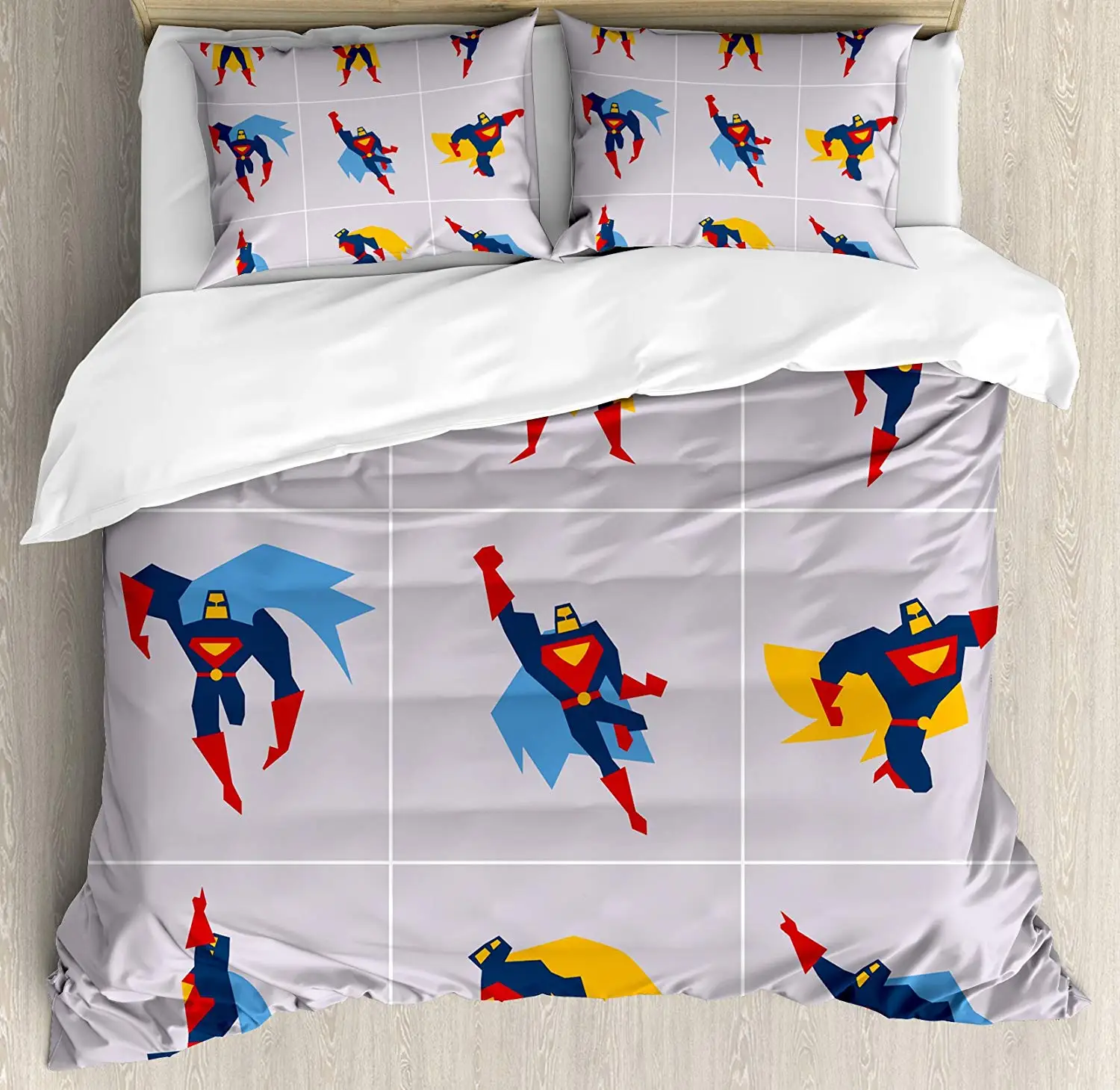 

Superhero Duvet, Superhero in Action Posing Muscles Savior Kicking Defender Design, Decorative 3 Piece Bedding Set