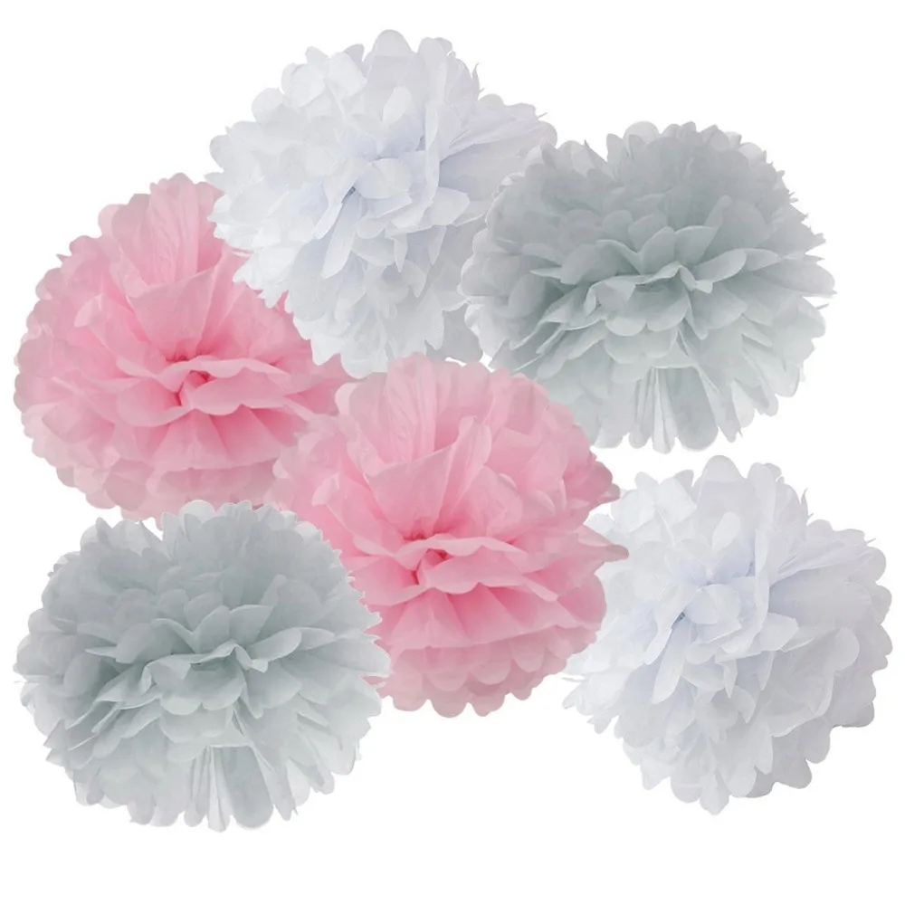 

18pcs Mixed Grey White Pink Party Tissue Pom Poms Wedding Flower Garland Neutral Baby Shower Hanging Decoration