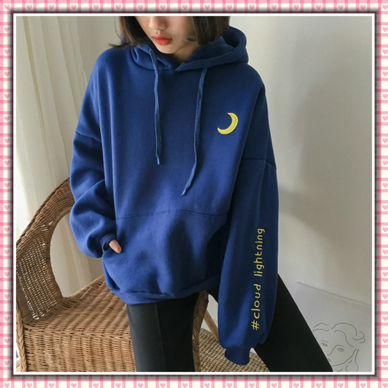 2018 New Preppy Style Moon Sun Letter Embroidery Hoodies Female Sweet Cute Hooded Sewarshirt Women Harajuku Pullover Sudaderas Hoodies