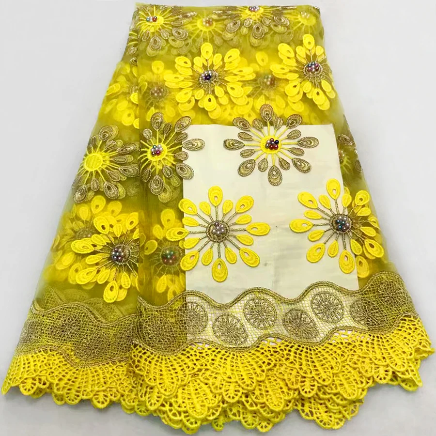

Yellow African tulle Laces Fabrics Embroidered African Guipure French Lace Fabric With Beads 2018 African French Net Lace Fabric